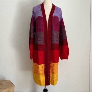 XS/S Farm Rio Patch Twirl Striped Longline Knit Wool Blend Sweater Cardigan